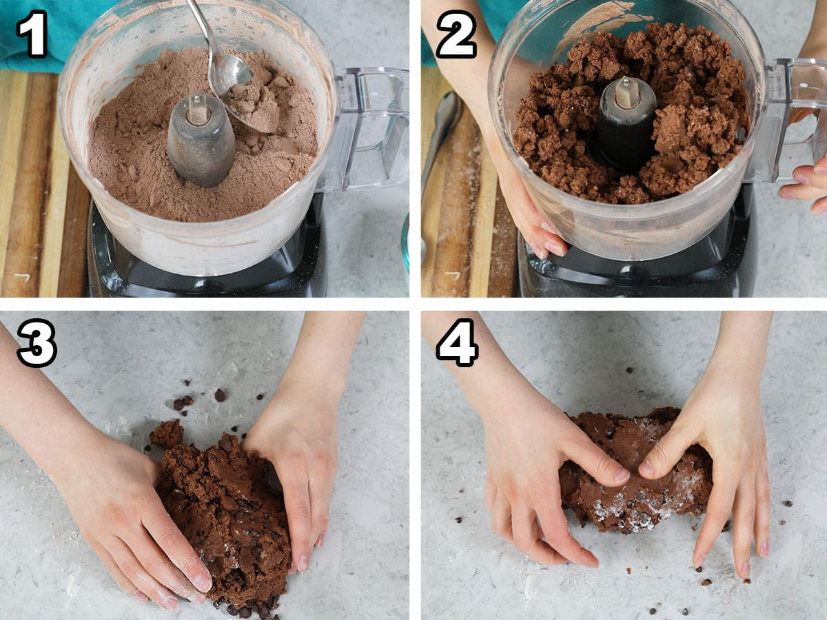 collage of four photos showing scone dough being prepared in a food processor and laminated