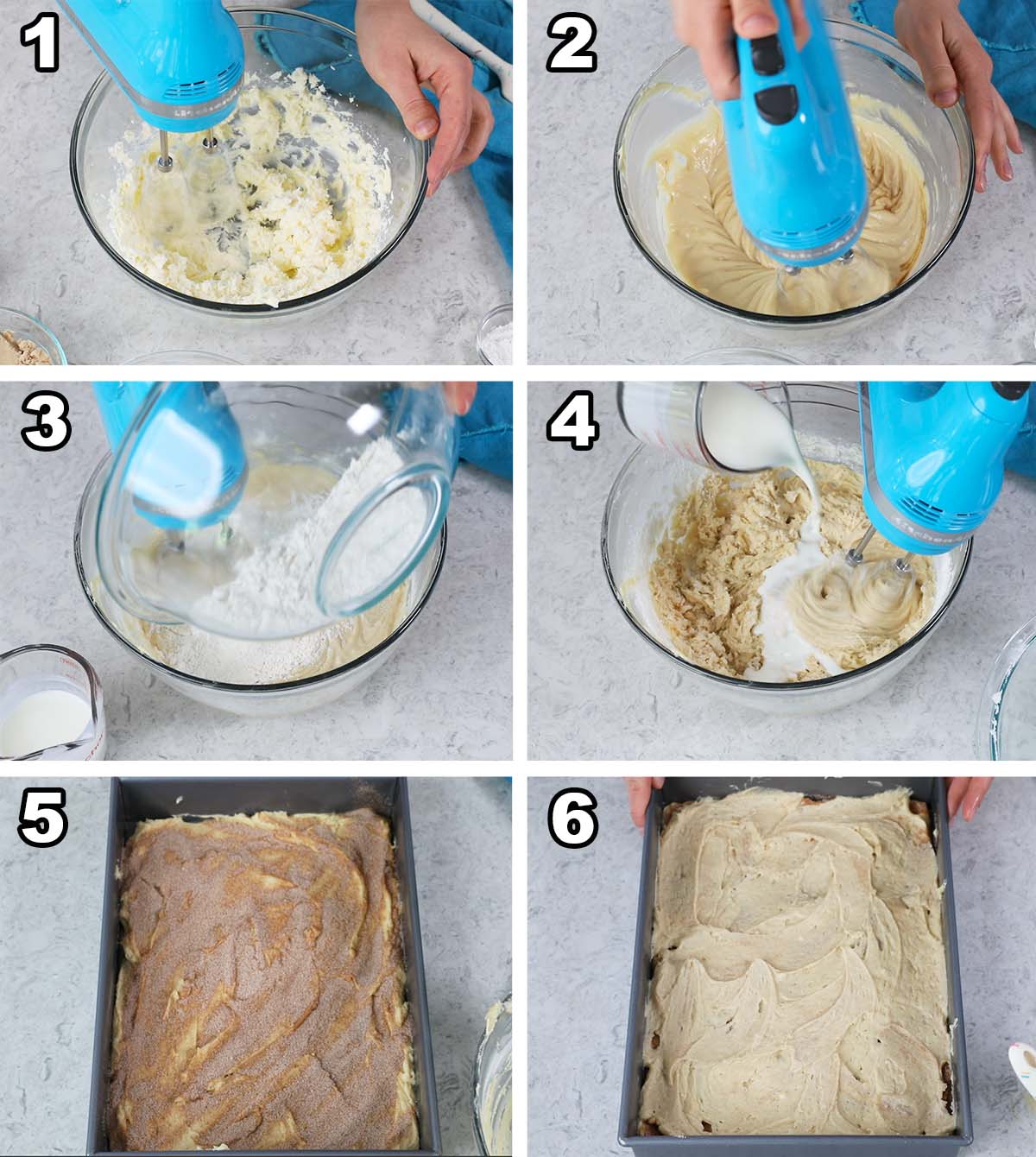 collage of six photos showing cake batter being prepared and layered with cinnamon sugar
