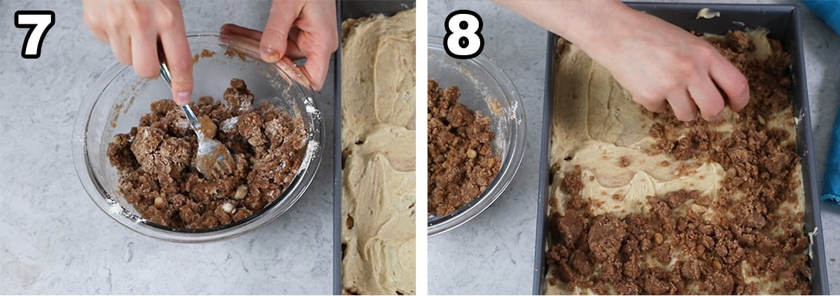 collage of two photos showing a streusel topping being prepared and sprinkled over a cake