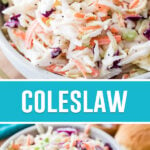 collage of coleslaw, top image of close up of slaw in white bowl. bottom image taken at different angle