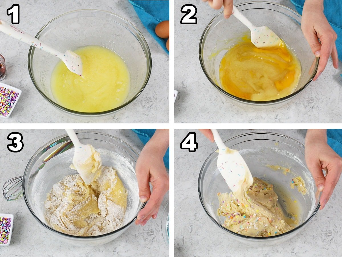 collage of four photos showing cookie dough being prepared with melted butter