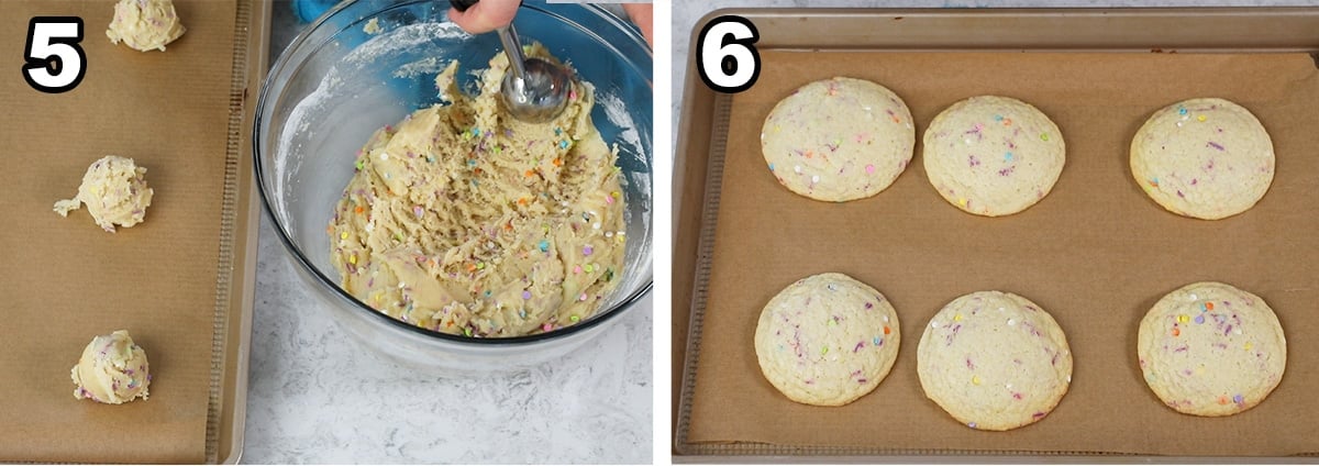 collage of two photos showing sprinkle cookies being scooped onto a cookie sheet and baked