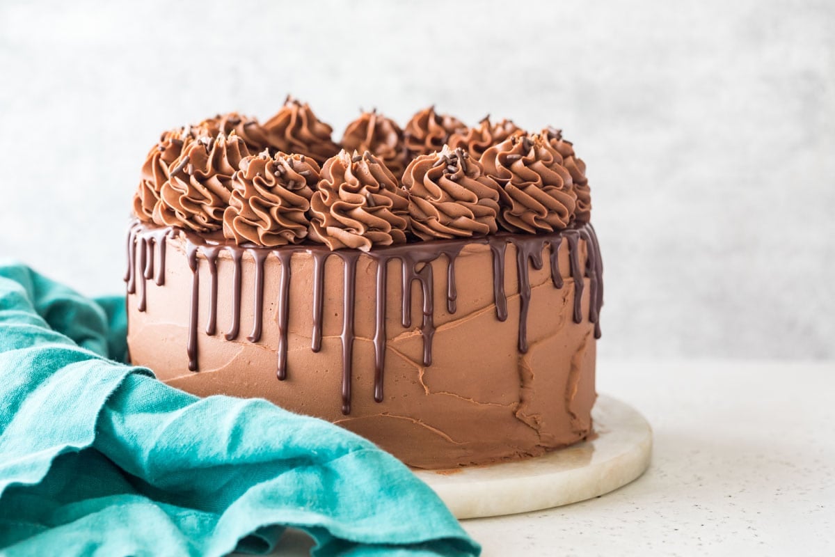cake frosted with chocolate icing and a chocolate drip