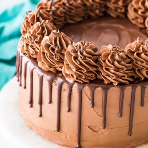 chocolate cake decorated with a chocolate ganache drip