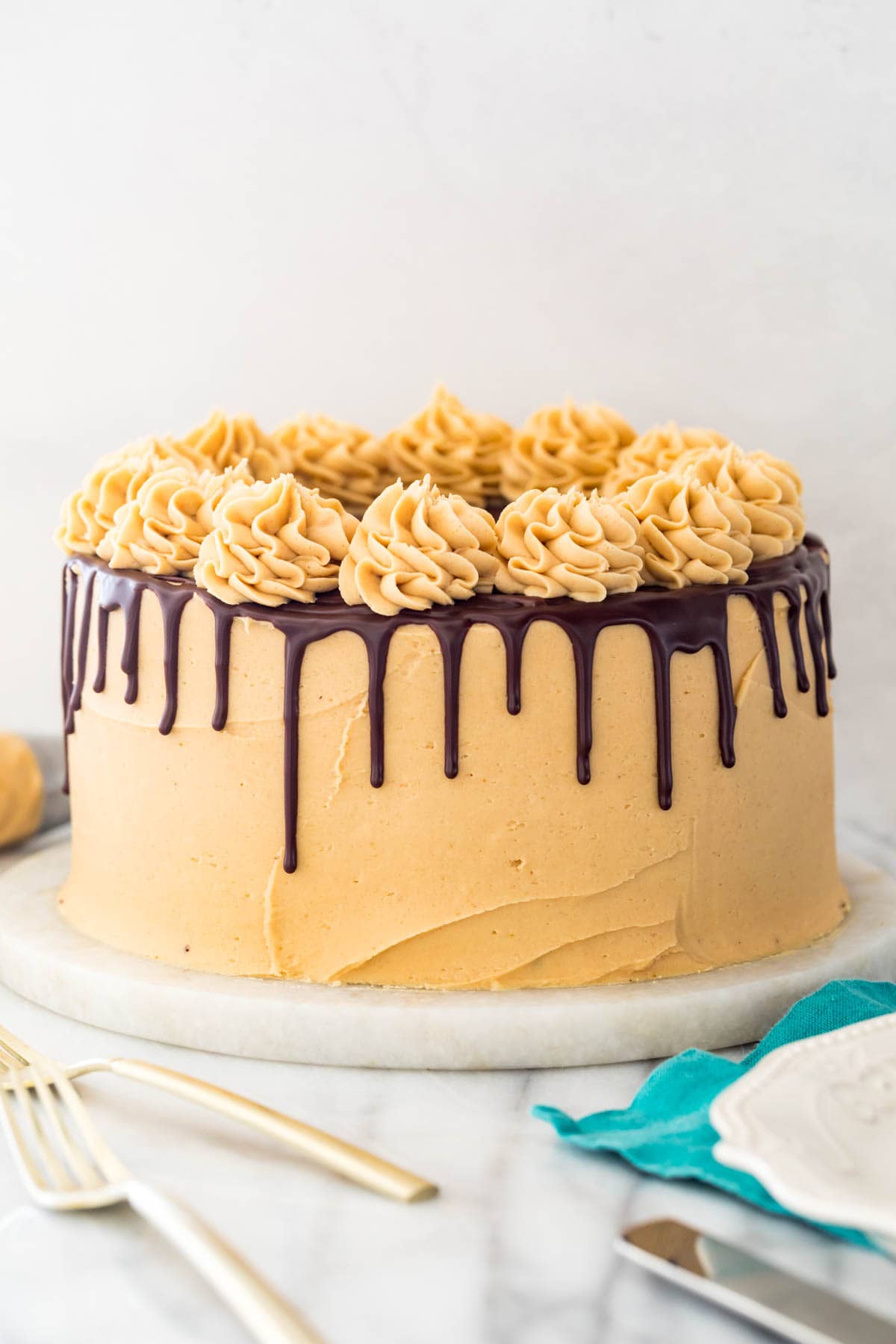 cake frosted with peanut butter icing and decorated with a chocolate drip