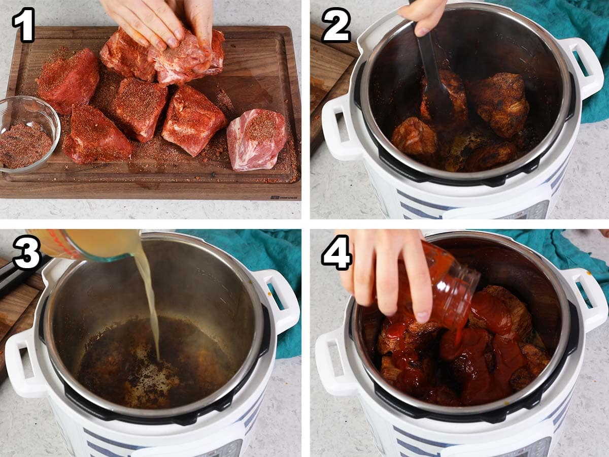 collage of four photos showing pork shoulder being seasoned and seared in a pressure cooker pot, deglazing the pot with broth, and adding the meat and BBQ sauce back in