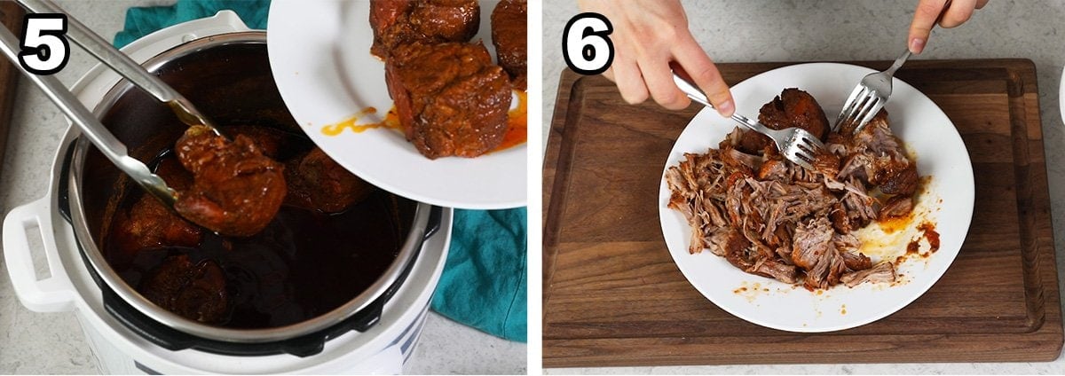 collage of two photos showing pork shoulder being pulled out of a pressure cooker and shredded with forks