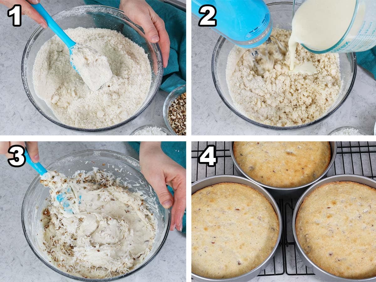collage of four photos showing cake batter being prepared and baked in three pans