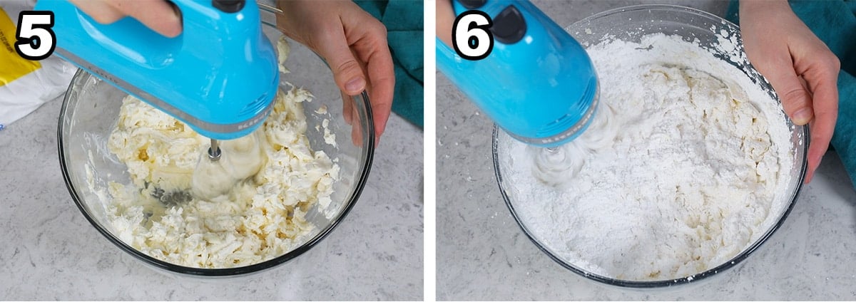 collage of two photos showing cream cheese frosting being prepared