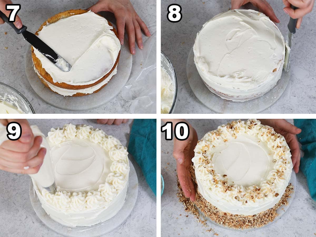 collage of four photos showing a cake being stacked and frosted with cream cheese frosting and decorated with toasted coconut and pecans