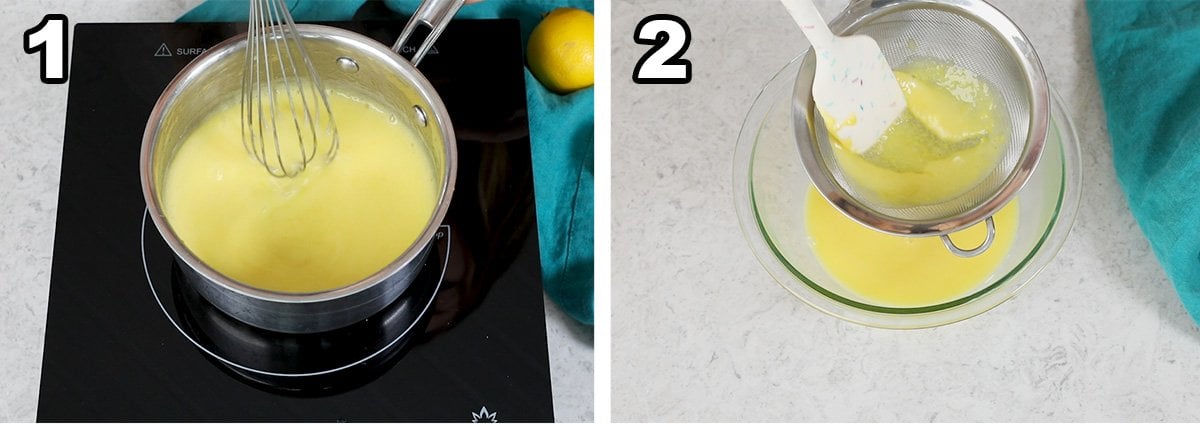 collage of two photos showing how to make lemon curd for adding to cheesecake