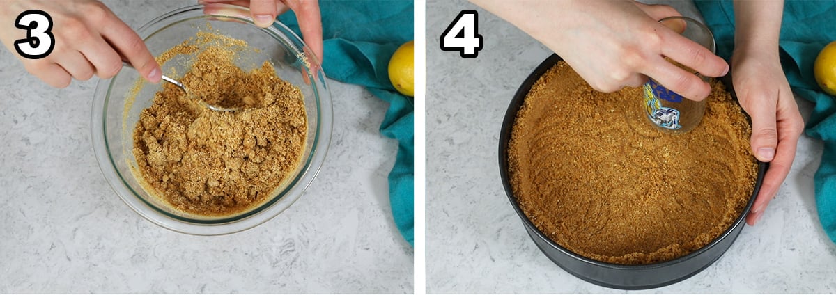 collage of two photos showing how to make a graham crack crust for a cheesecake