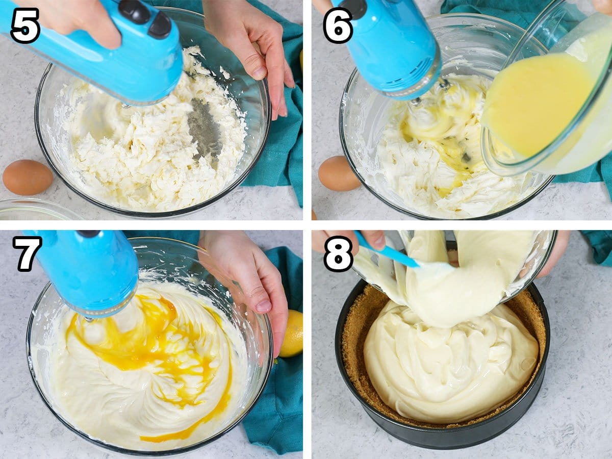 collage of four photos showing cheesecake batter being combined with lemon curd and added to a graham cracker crust