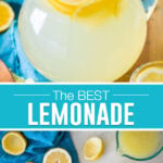 collage of lemonade, top image of pitcher of lemonade, bottom image of lemons squeezed