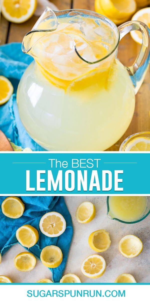 collage of lemonade, top image of pitcher of lemonade, bottom image of lemons squeezed