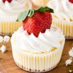 mini cheesecakes topped with whipped cream and a fresh strawberry