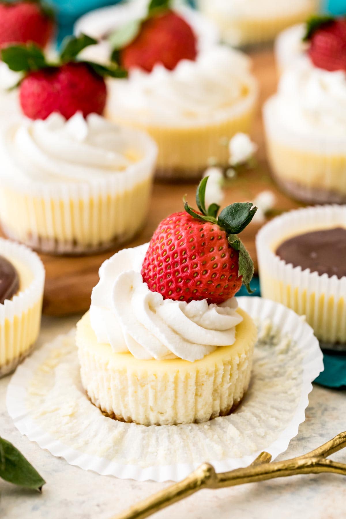 small, individual cheesecake served in a cupcake liner topped with whipped cream and a strawberry