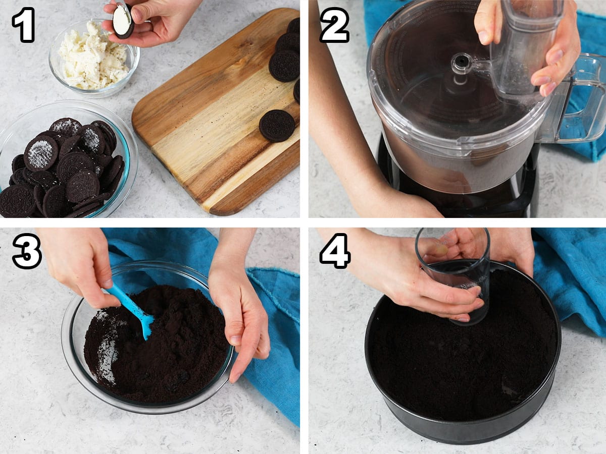 collage of four photos showing oreos being pulverized in a food processor and pressed into a springform pan