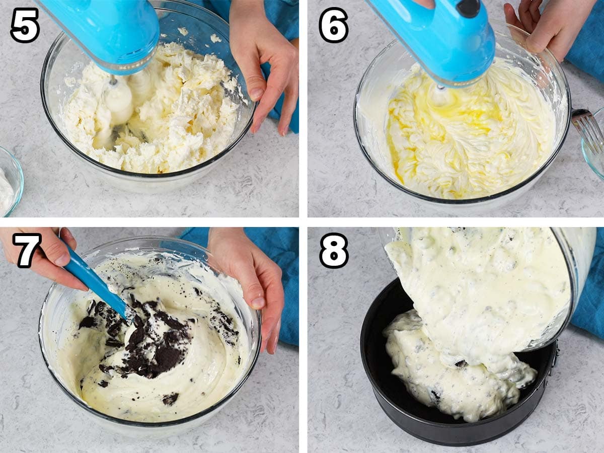 collage of four photos showing cheesecake batter being prepared with crushed oreos and poured into an oreo crust