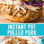 collage of pulled pork, top image of sandwich with pulled pork with slaw, bottom image of pulled pork shredded in bowl