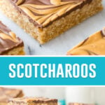 collage of scotcharoos, top image close up of bar, bottom image of three bars stacked