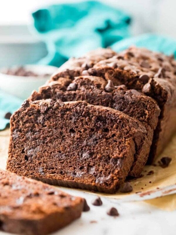 chocolate loaf bread with two slices that have been cut