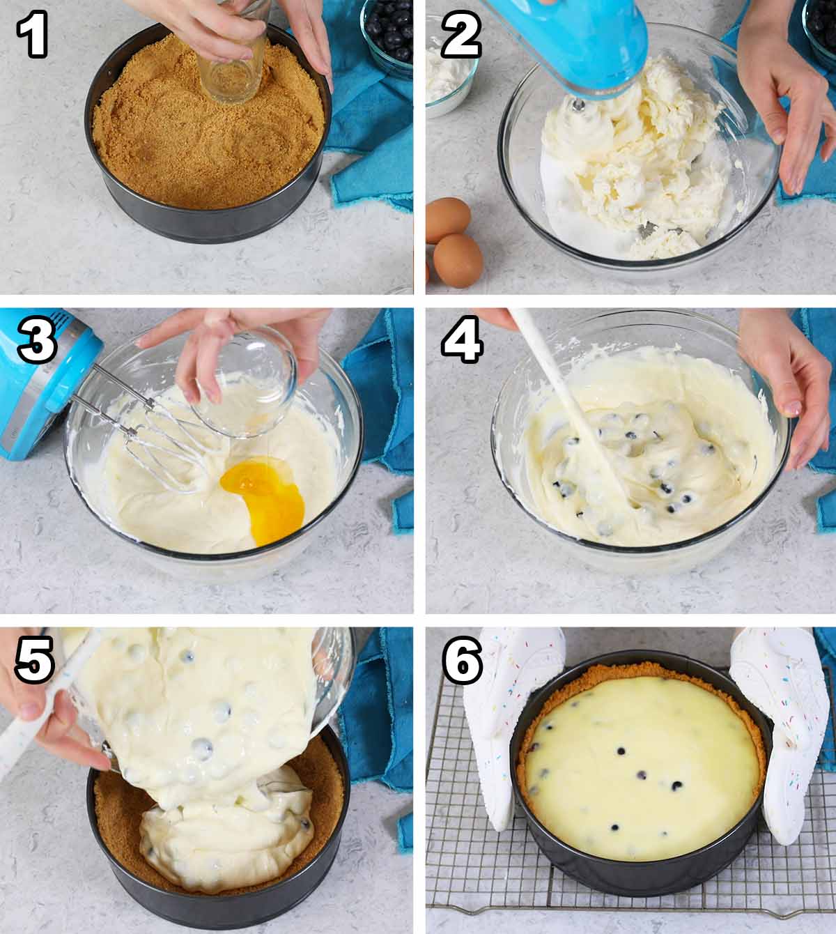 collage (detailed below in 6 steps) of 6 photos showing how to make blueberry cheesecake