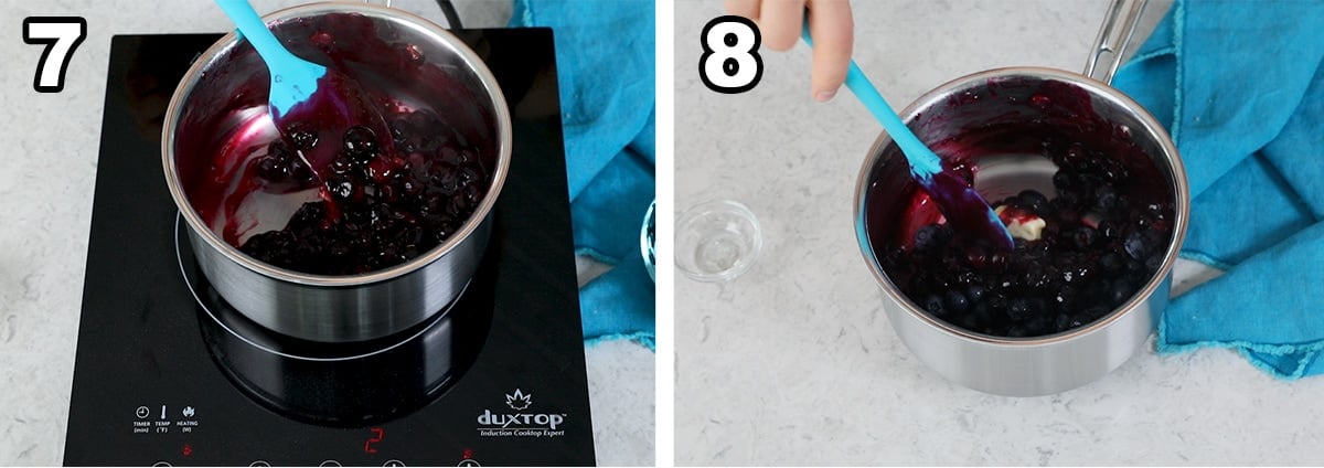 collage of 2 photos (detailed in text below) showing how to make blueberry topping