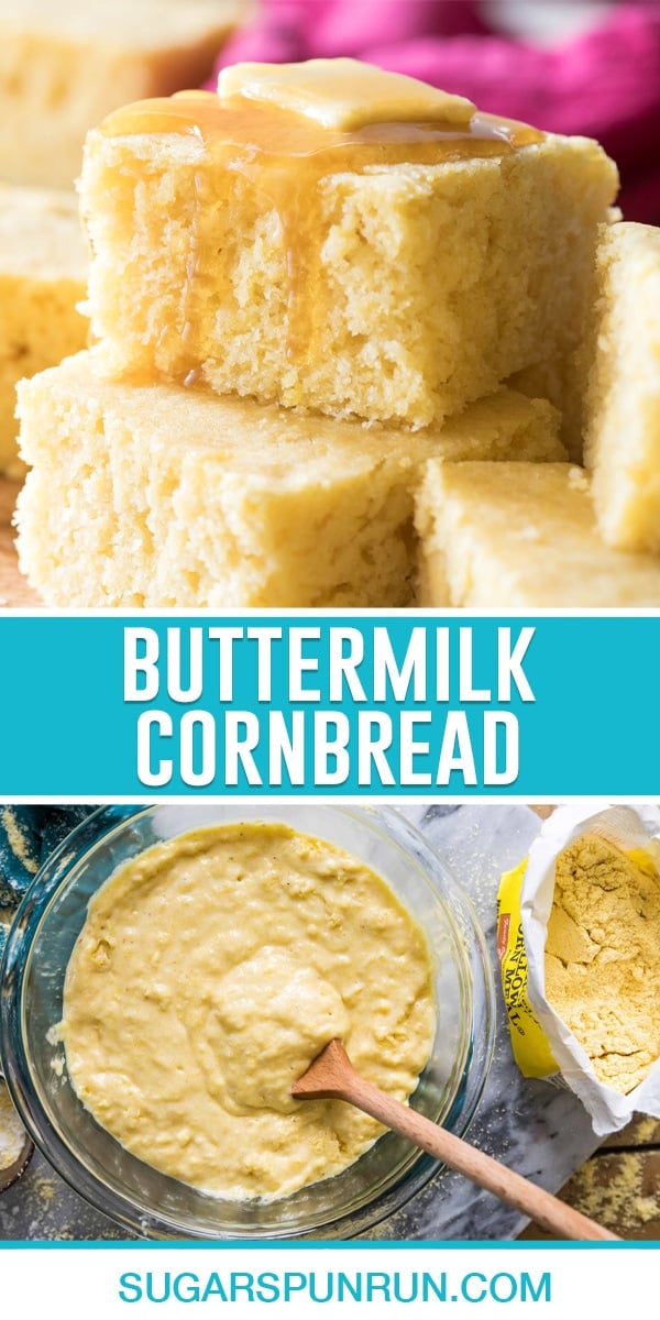 collage of two images of buttermilk cornbread, the top being slices and the bottom being a bowl of batter
