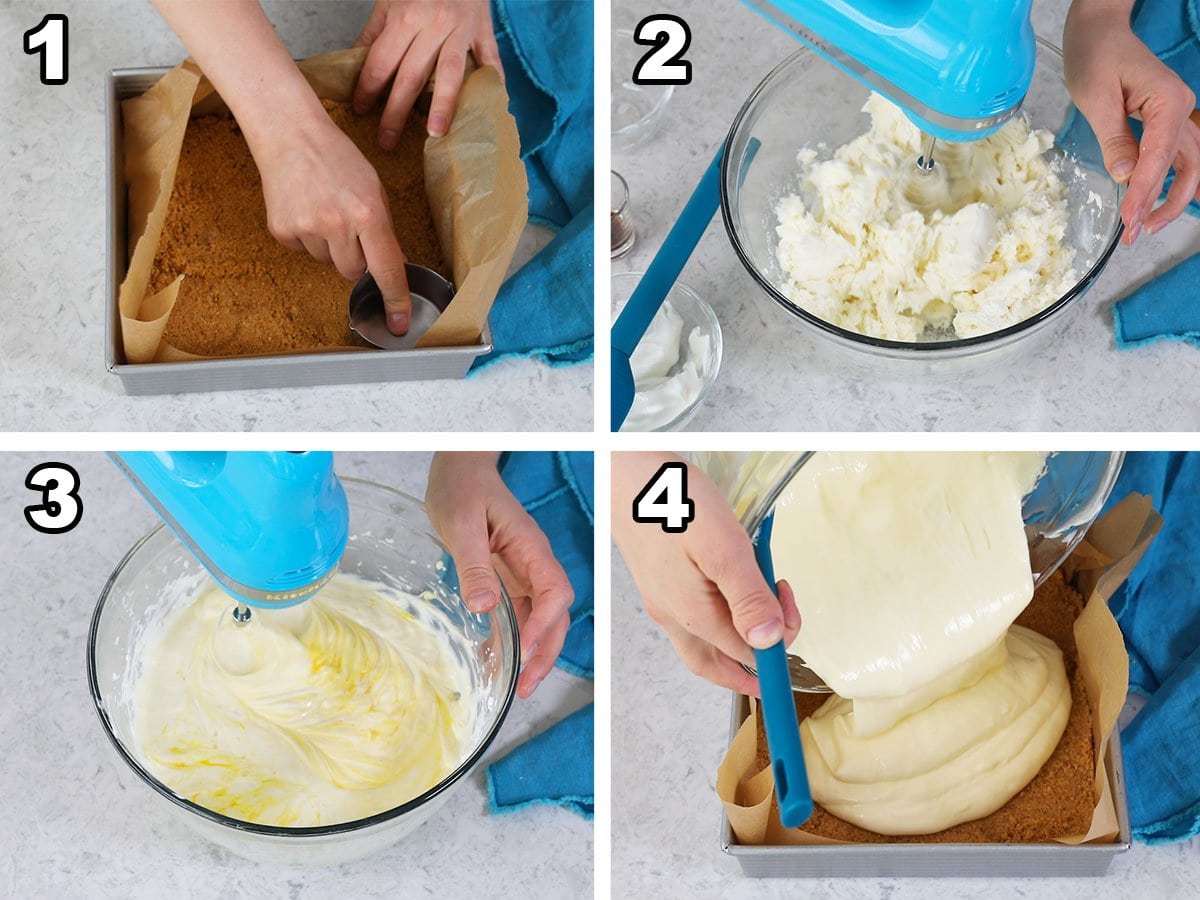 collage of four photos showing cheesecake crust and batter being prepared and poured into a 9x9 pan