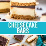 collage of two photos of cheesecake bars, the top image being stacked bars and the bottom being a top-down view of the bars