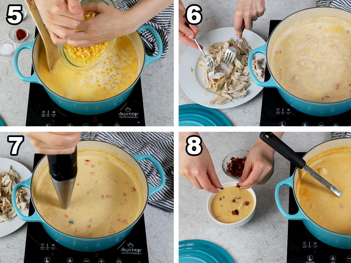 collage of four photos showing corn and chicken being added to chicken corn chowder before serving