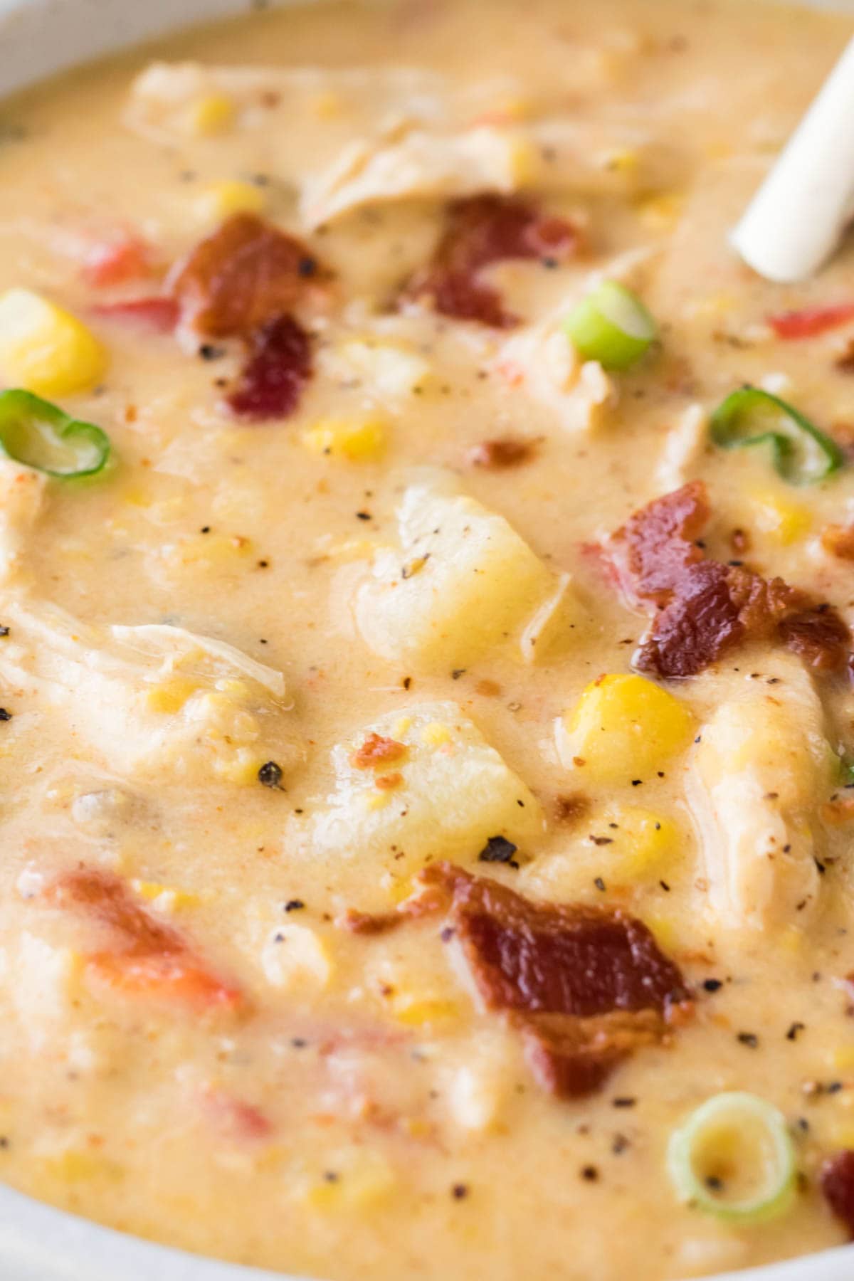 close-up view of a creamy chowder with potatoes, corn, bacon, and green onions