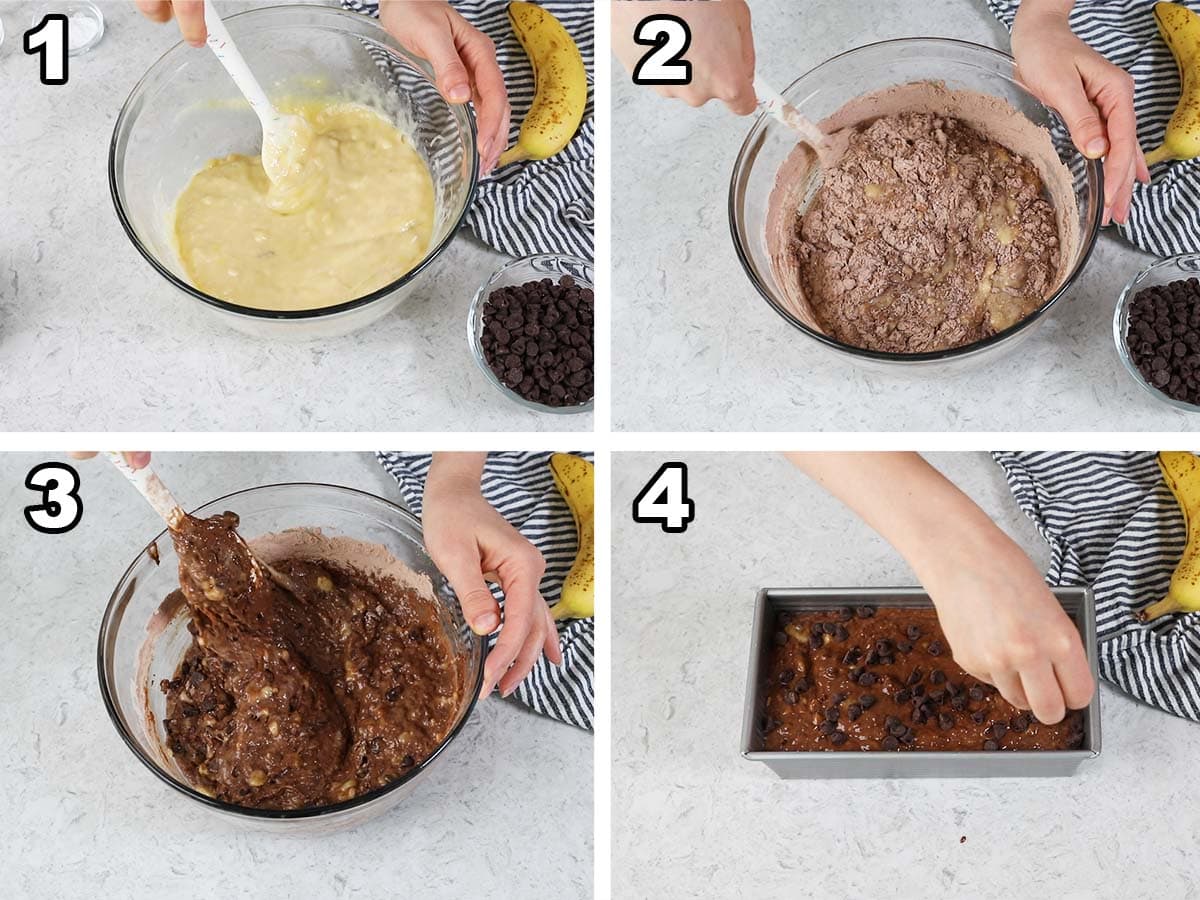 collage of four photos showing chocolate batter being prepared and baked in a loaf pan