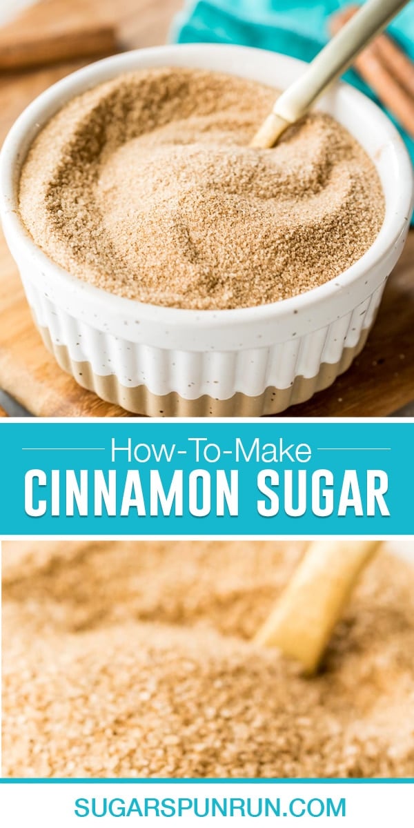 collage of two photos of cinnamon sugar, the top being a filled ramekin and the bottom a close-up view