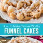 collage of funnel cake, top image is a close up of a funnel cake, bottom image taken further away