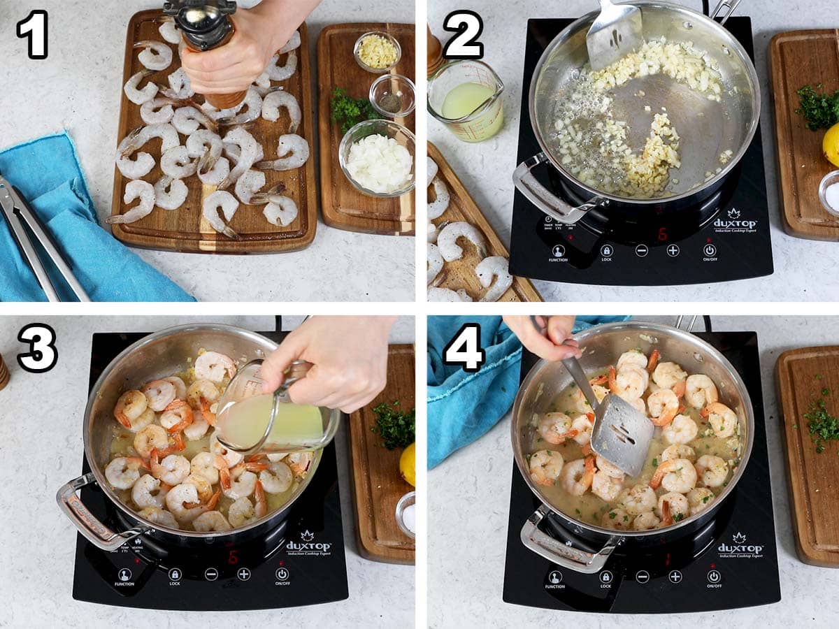 collage of four photos showing shrimp being cooked in a garlic butter sauce