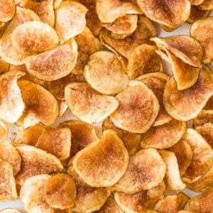 overhead view of golden brown homemade kettle chips