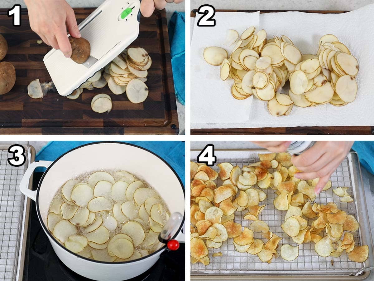 collage of four photos showing potatoes being sliced, dried, and fried to make homemade potato chips