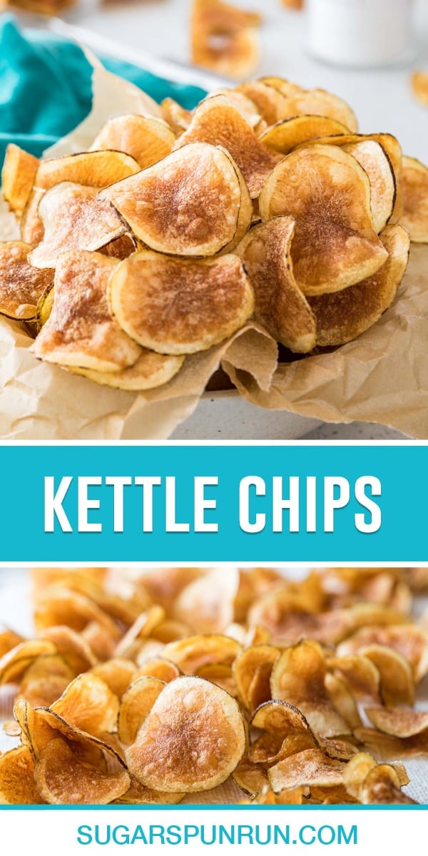 collage of kettle chips, top image close up of full bowl, bottom of multiple image spread out
