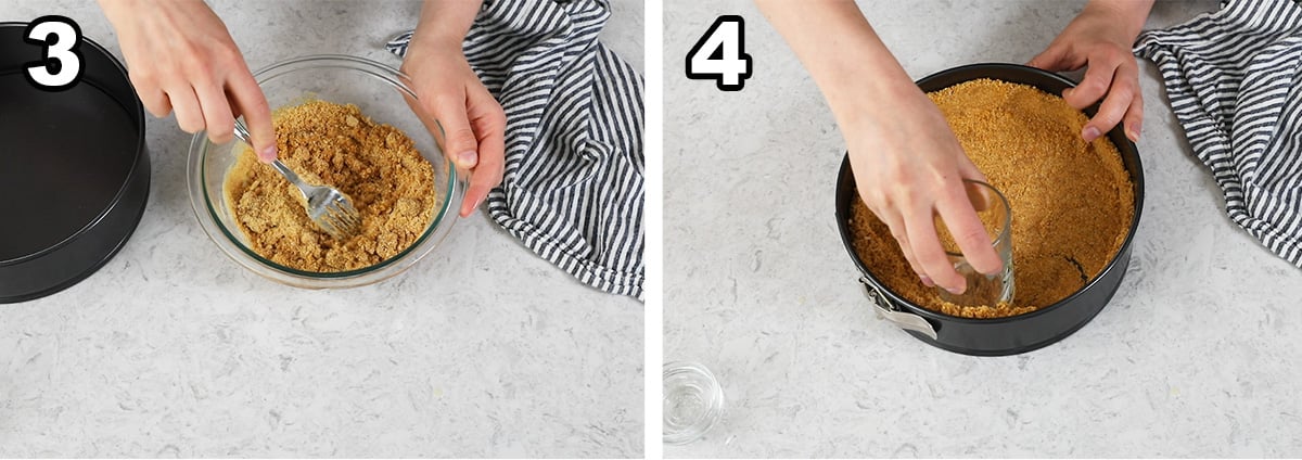 collage of two photos showing how to make a graham cracker crust for cheesecake