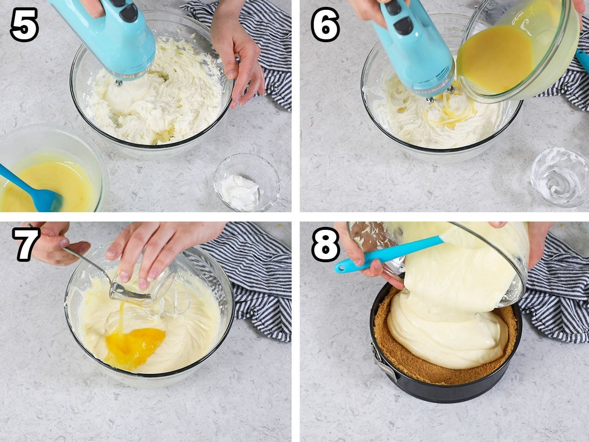 collage of four photos showing cheesecake batter being prepared and poured into a graham cracker crust