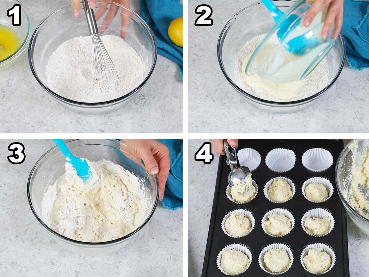 collage of four photos showing muffin batter being prepared and divided into cupcake liners