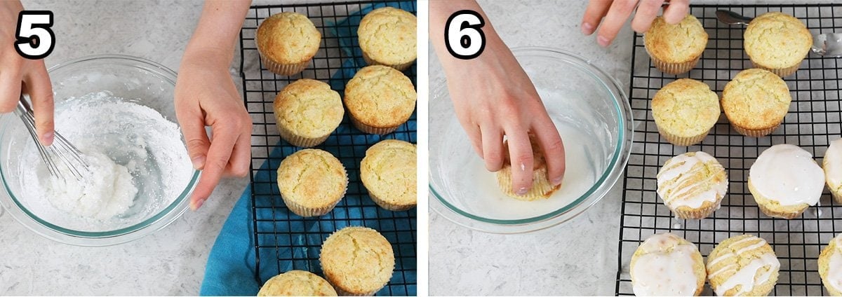 collage of two photos showing muffins being dipped in glaze