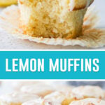 collage of two photos of lemon muffins, the top being as single muffin missing one bite, and the bottom being several muffins on a cooling rack