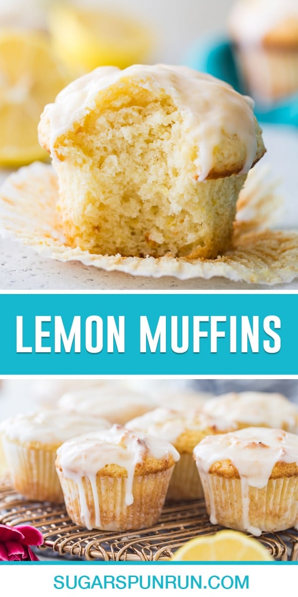 collage of two photos of lemon muffins, the top being as single muffin missing one bite, and the bottom being several muffins on a cooling rack