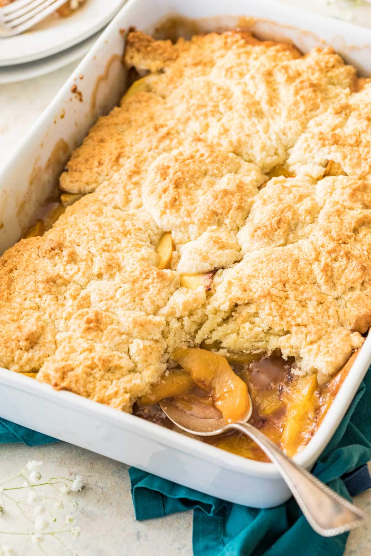 dish of cobbler missing one serving