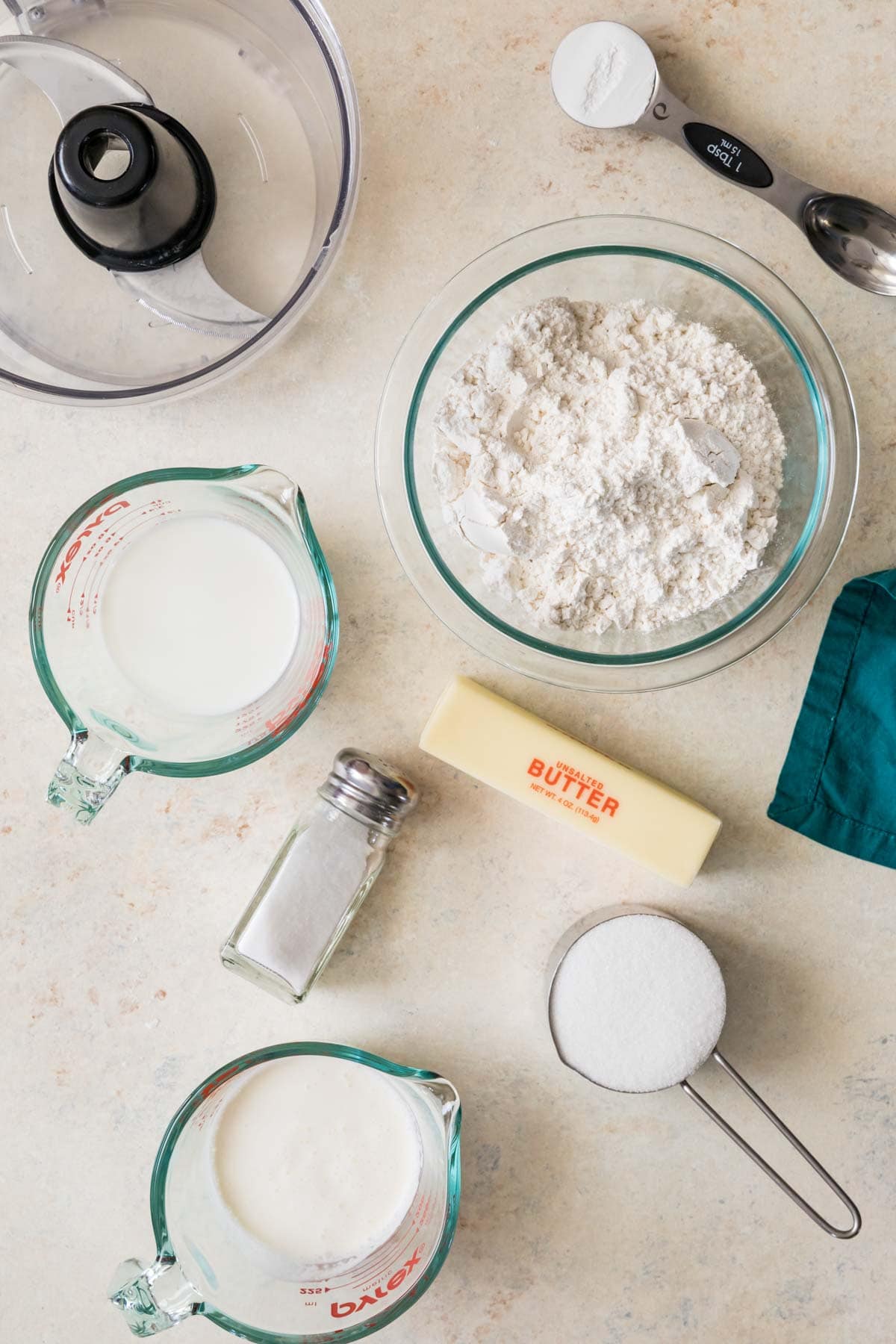 overhead view of ingredients including flour, sugar, butter, and more
