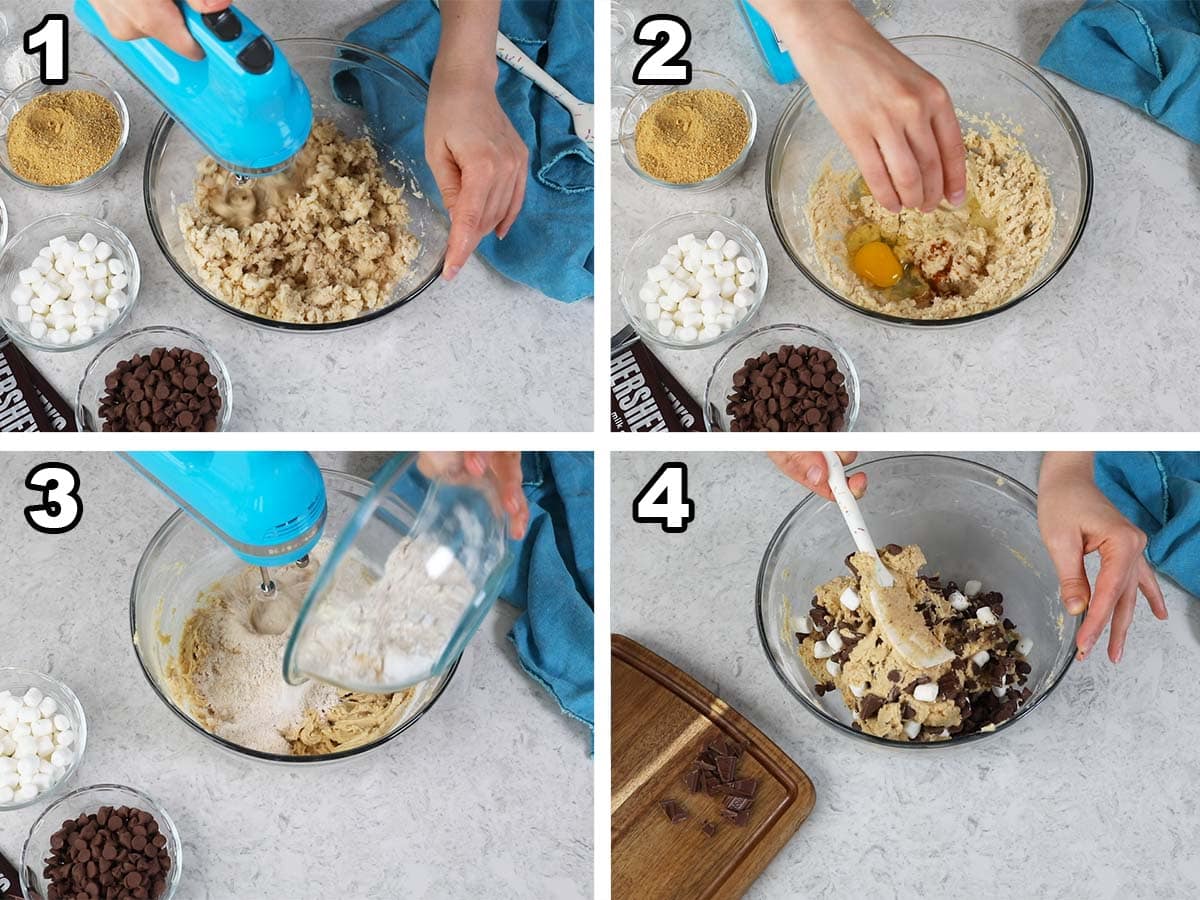 collage of four photos showing cookie dough being prepared with marshmallows and milk chocolate