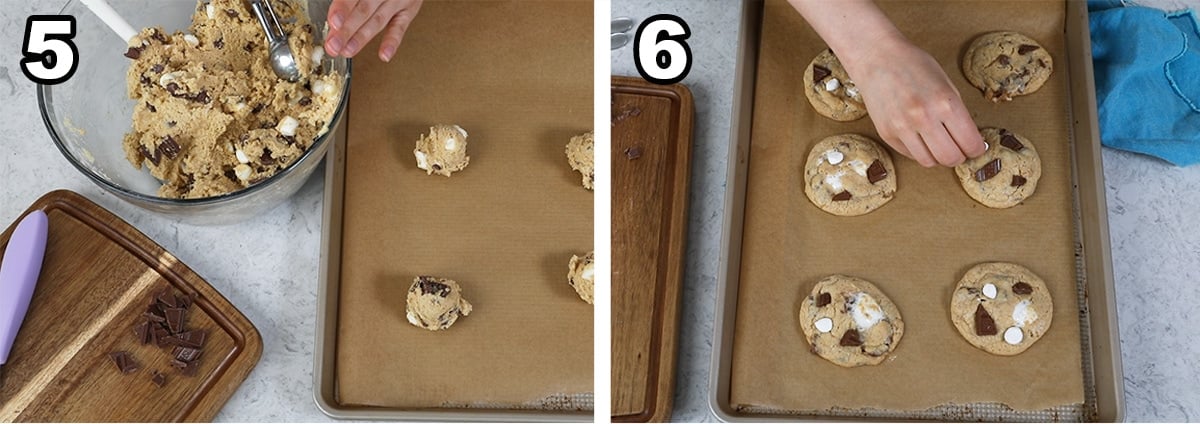 collage of two photos showing cookie dough balls being rolled and topped with mini marshmallows after baking